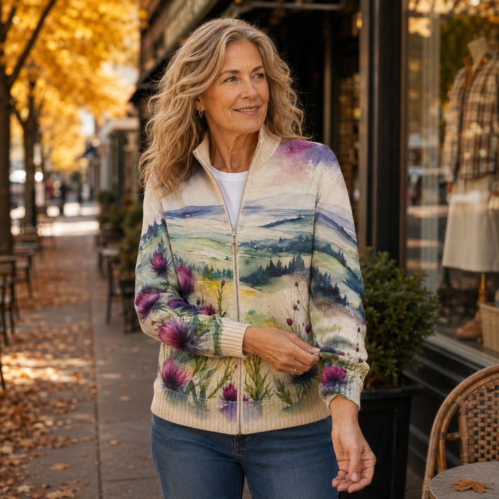 Avery - Cardigan zippé paysage chardon écossais