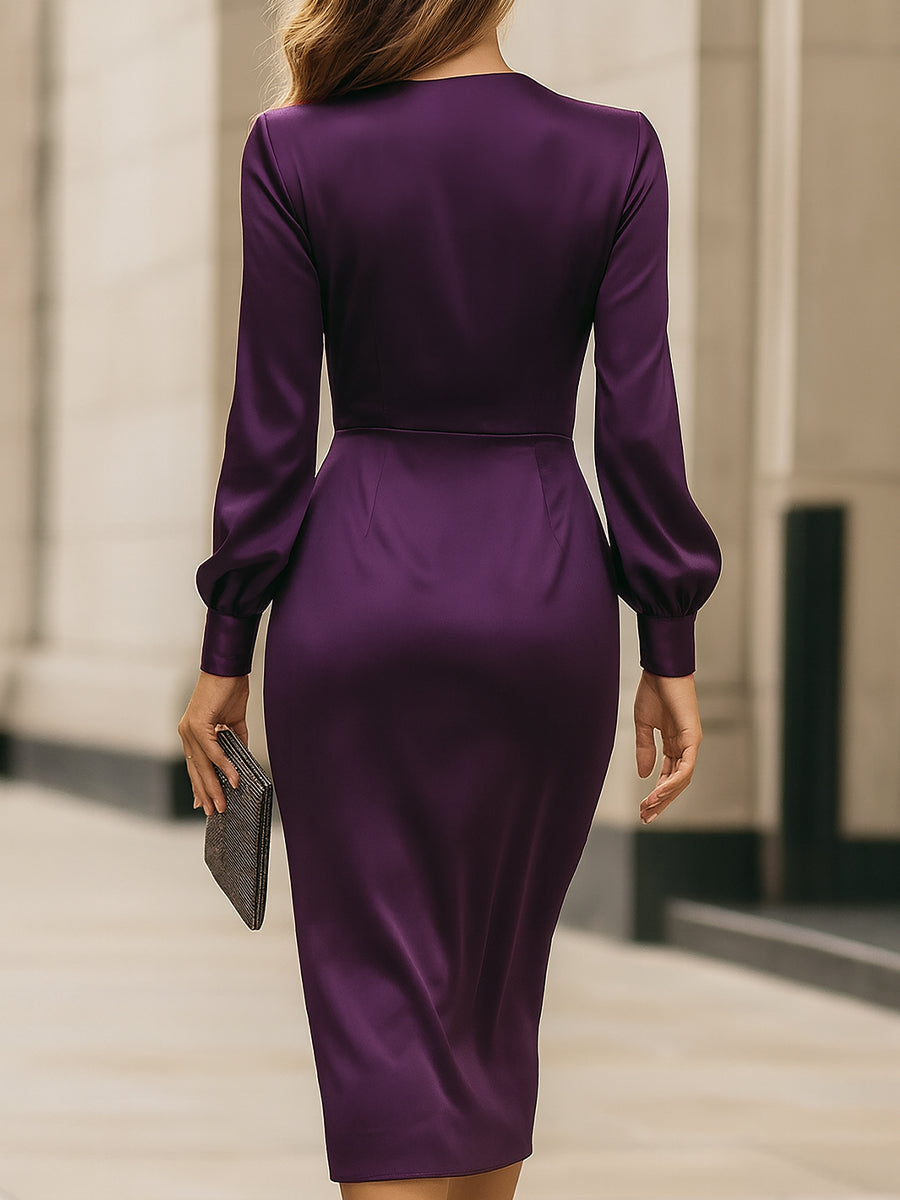 Clara | Robe Midi Drapée en Satin Prune Profond