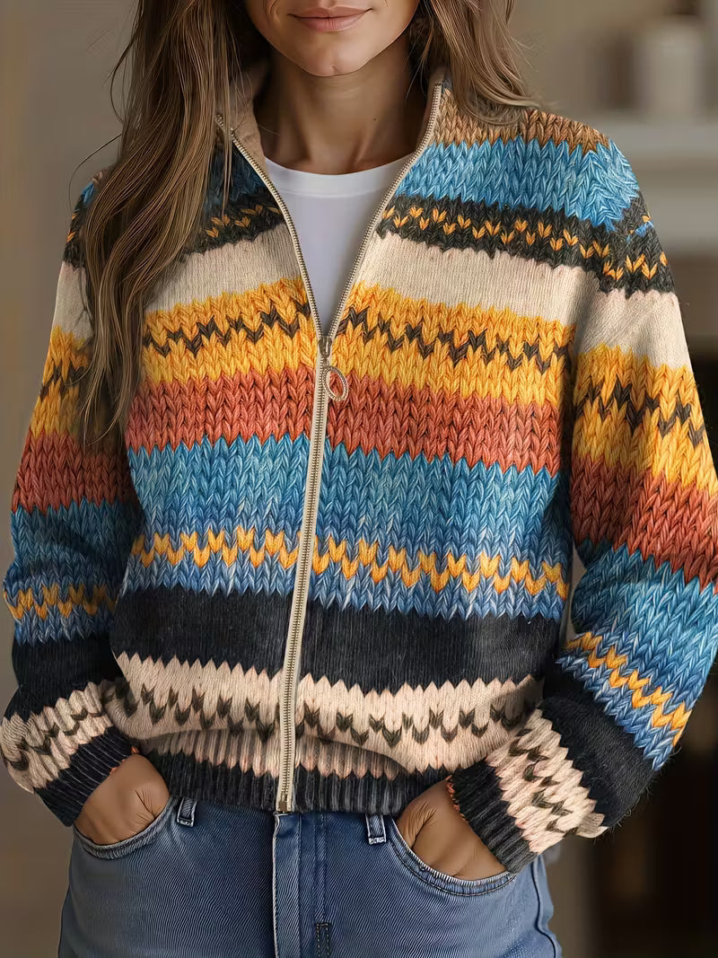 Jenna - Cardigan Tricoté à Rayures Zigzag Multicolores