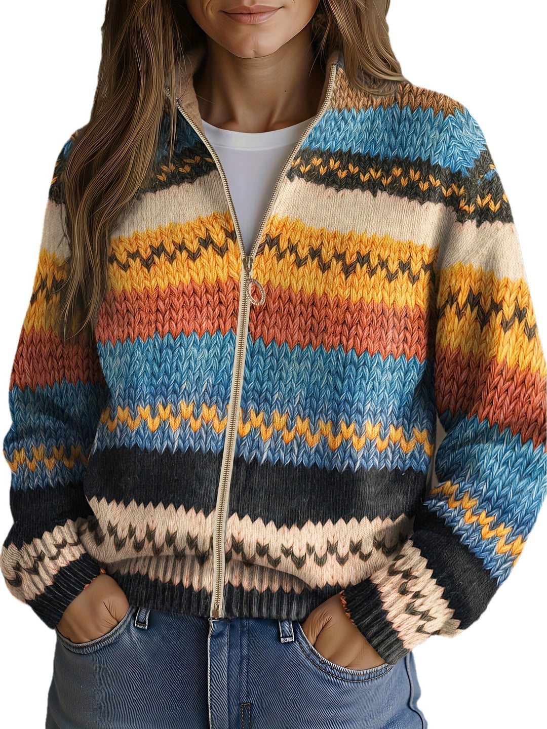 Jenna - Cardigan Tricoté à Rayures Zigzag Multicolores