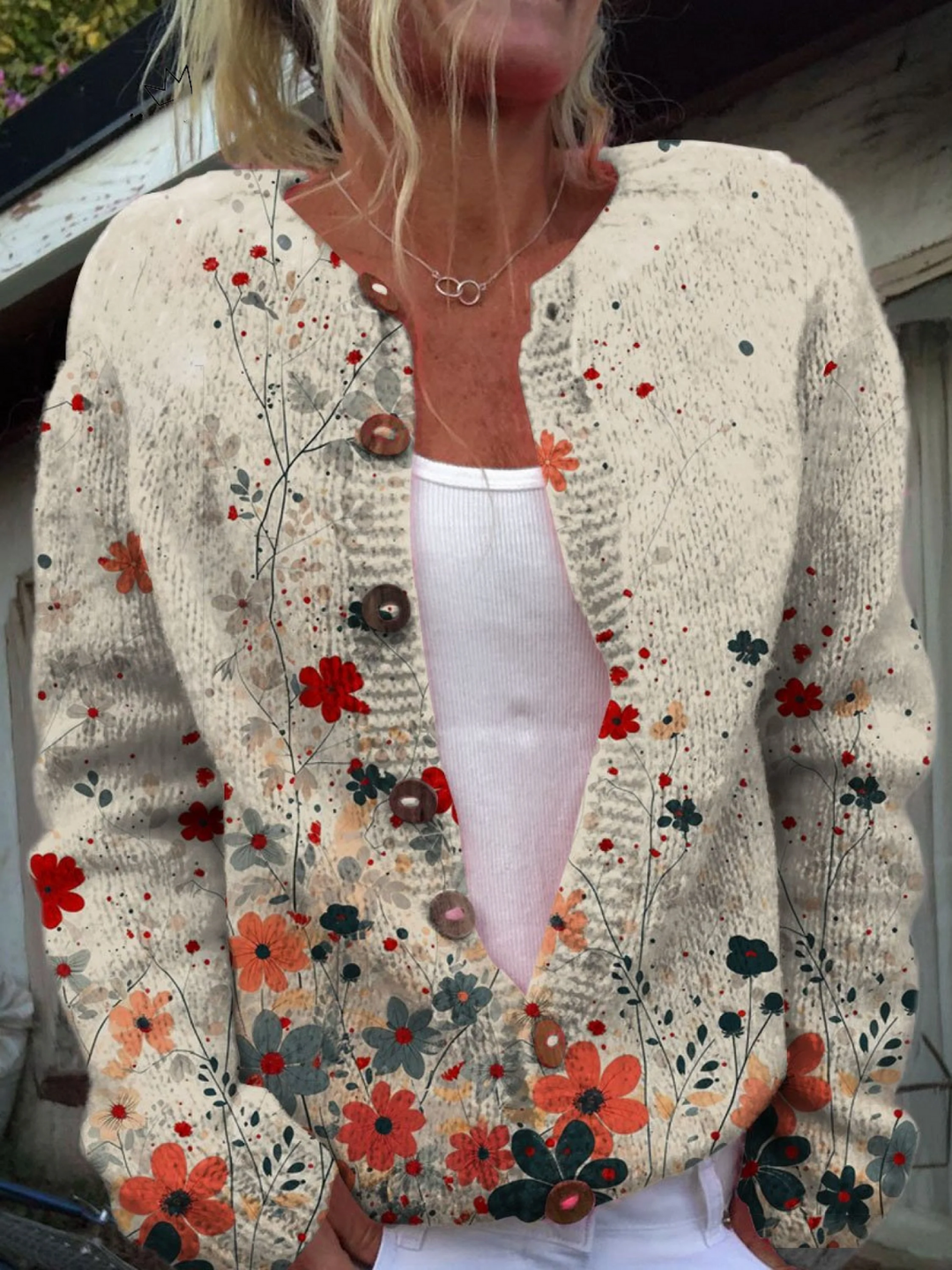 Manon | Cardigan boutonné à art floral vintage