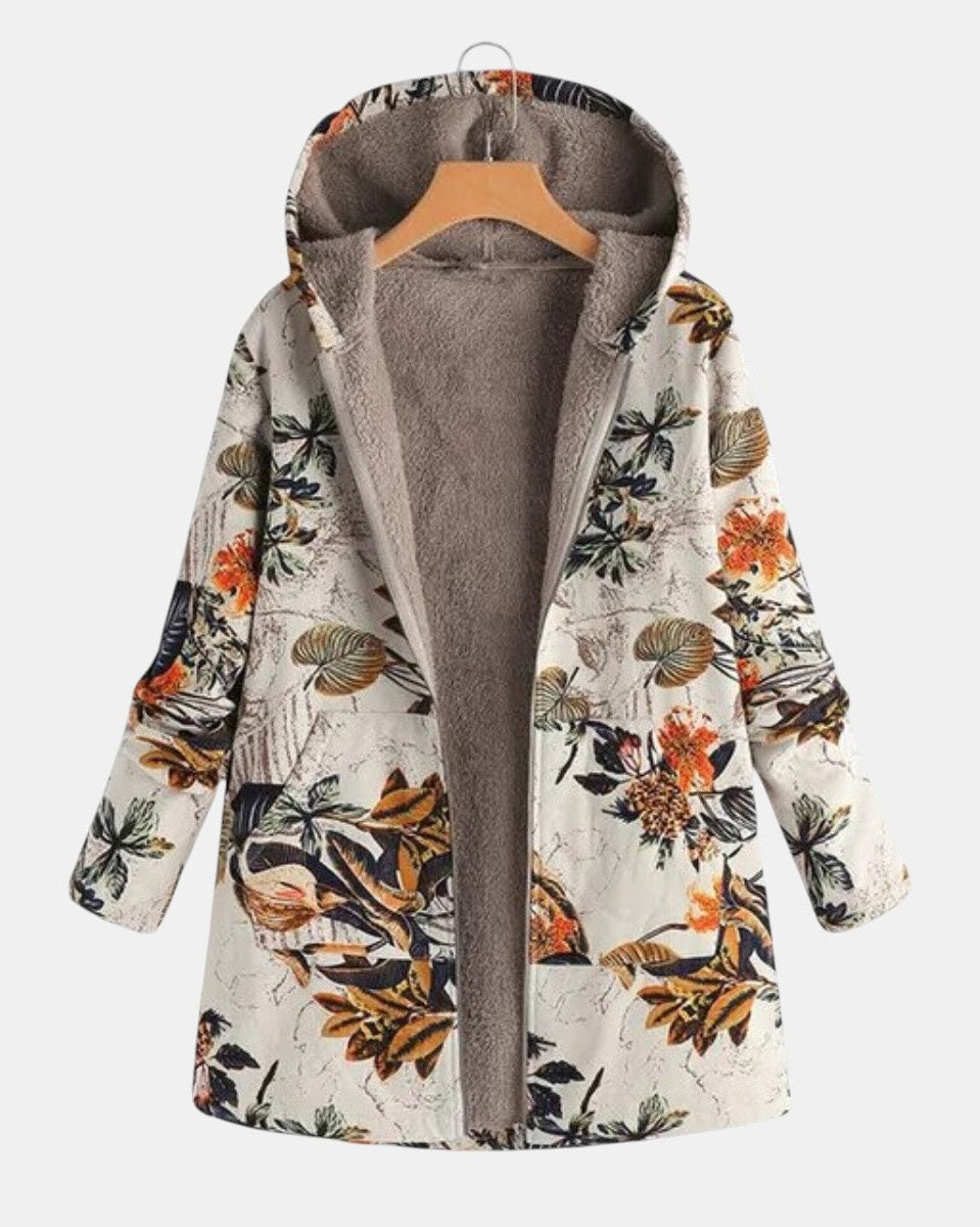 Marcelle | Manteau à capuche Boho-sherpa avec motif floral