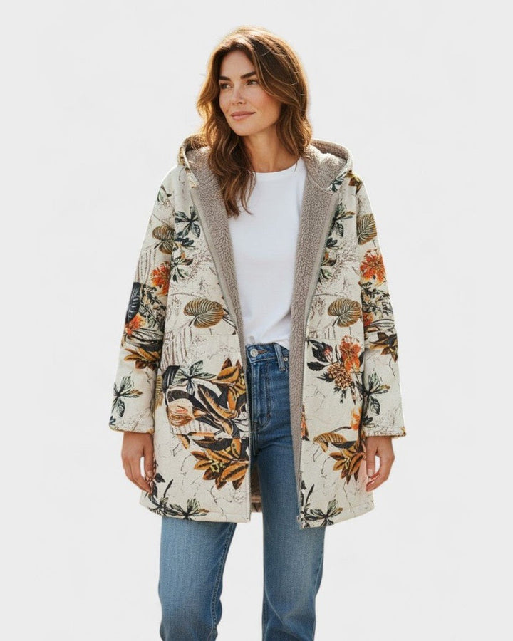 Marcelle | Manteau à capuche Boho-sherpa avec motif floral
