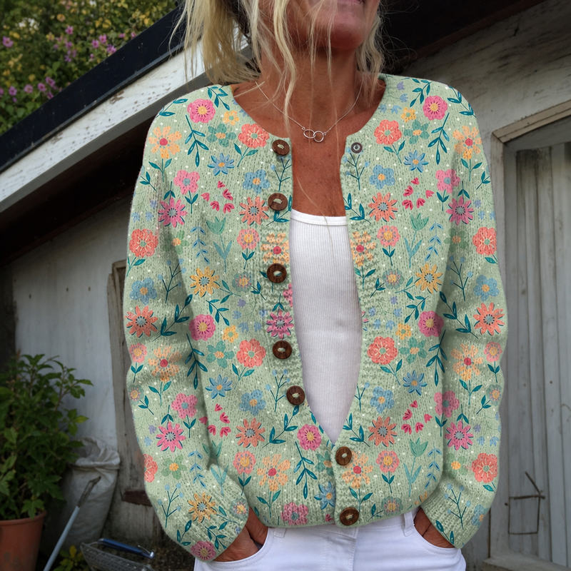 Maëlys | Cardigan tricoté à imprimé champêtre d’été