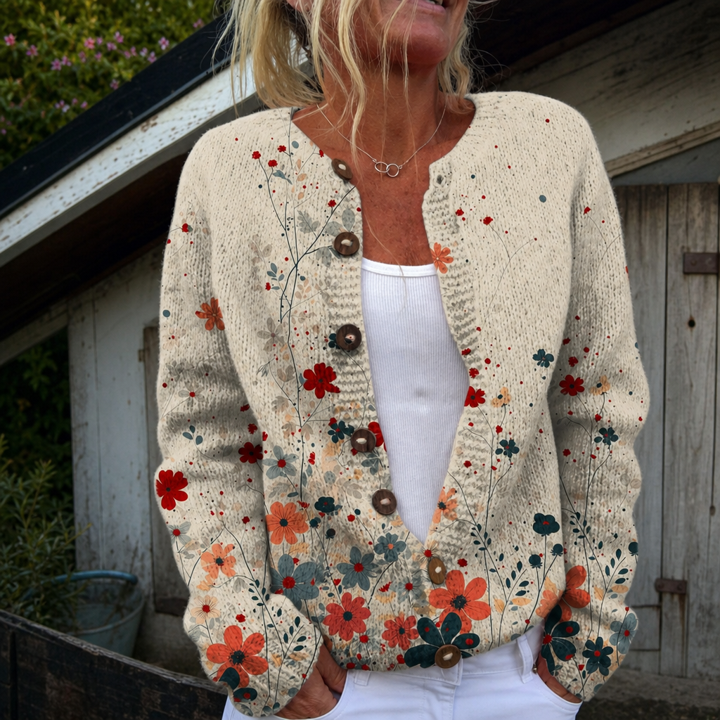 Manon | Cardigan boutonné à art floral vintage