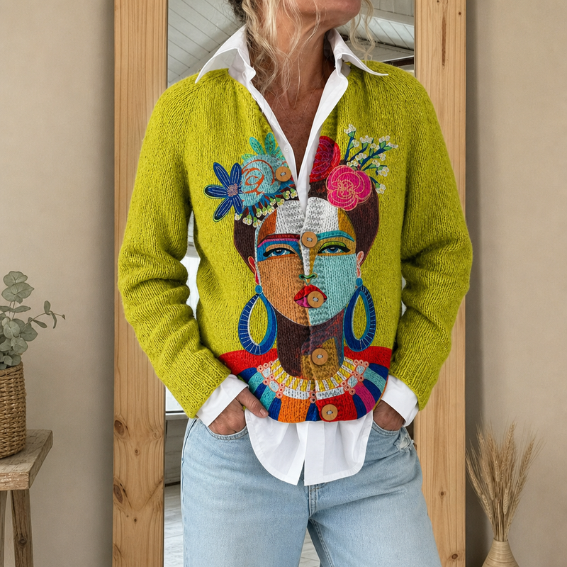 Solène | Cardigan en laine imprimé portrait Frida