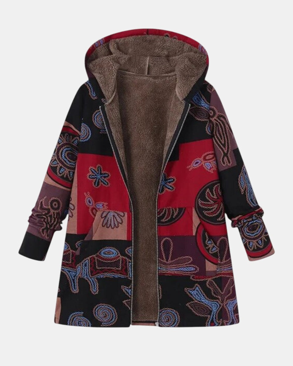 Henriette | Manteau à capuche en patchwork boho avec motif abstrait
