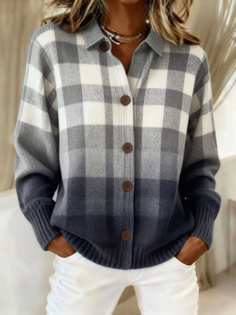 Isabelle | Cardigan gris à carreaux ombré à boutons