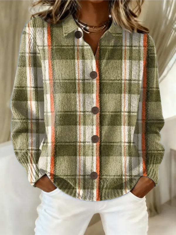 Nicole | Cardigan vert olive à carreaux à boutons