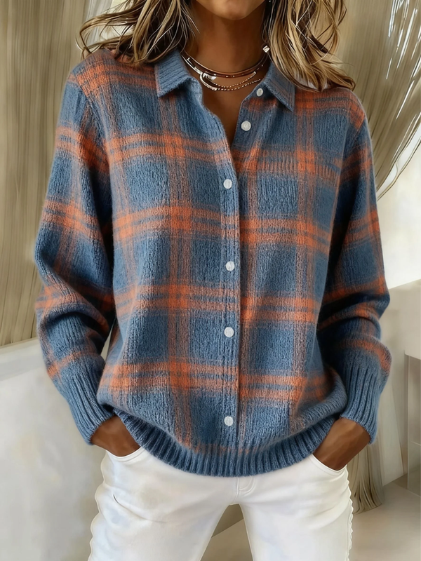 Camille | Cardigan chaud bleu à carreaux