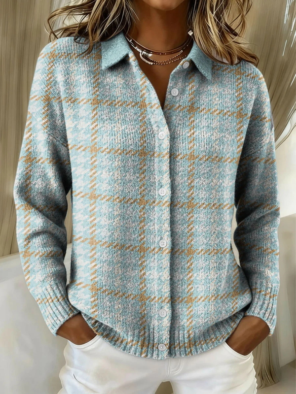 Christine | Cardigan bleu ciel à carreaux à boutons