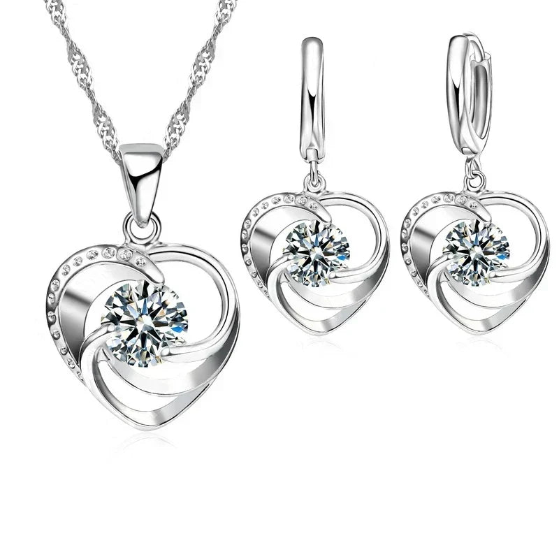 Collier et Boucles d'Oreilles en Argent Sterling en Forme de Cœur