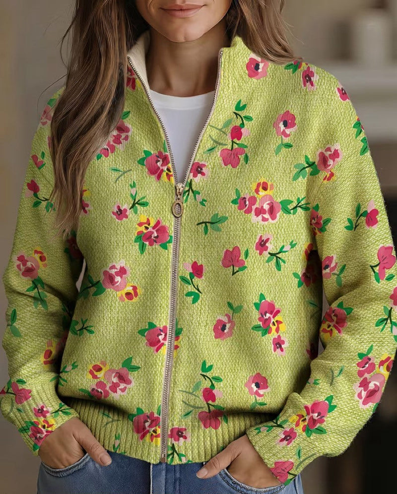 Lauren - Cardigan à Fleurs Roses et Zippé Citron Vert