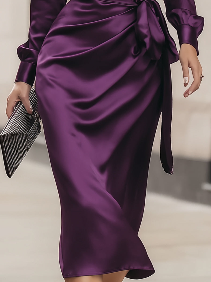 Clara | Robe Midi Drapée en Satin Prune Profond