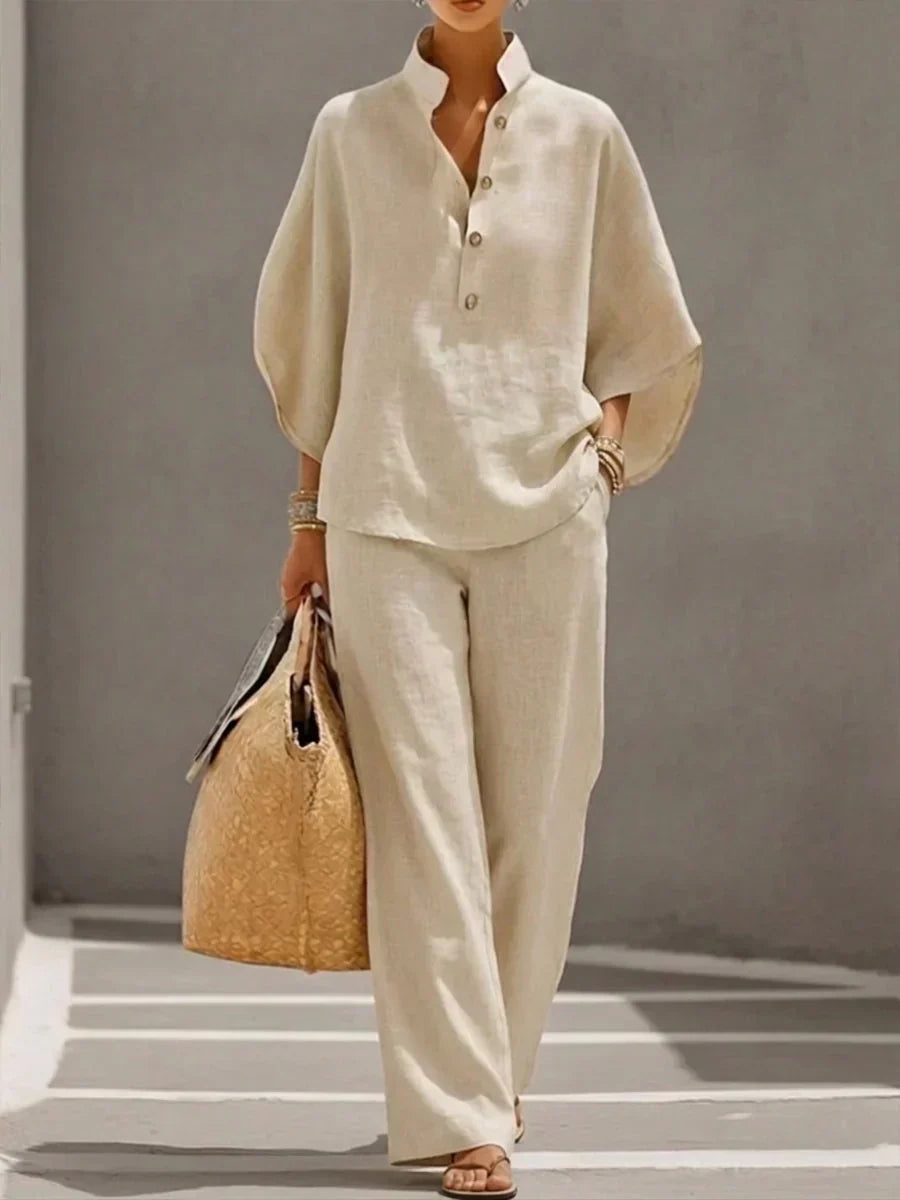 Maribel™ | Ensemble en lin à manches chauve-souris et pantalon ample